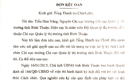 Đơn kêu oan của ông Tiếu Hoa Năng gửi Tổng Thanh tra Chính phủ