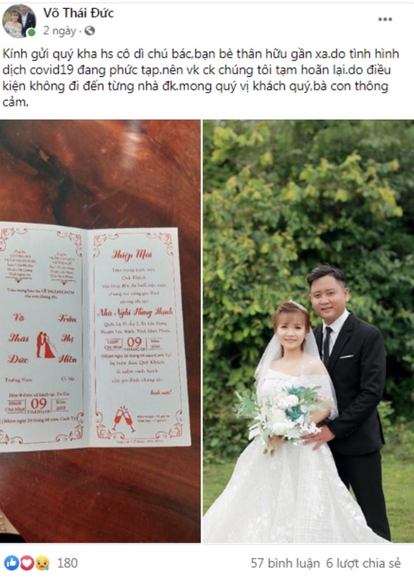 Hình 9, 10. Chàng lính trẻ Võ Thái Đức hai lần loan tin trên facebook về việc hoãn cưới, thu hút hàng trăm lượt thích, bình luận và chia sẻ của cộng đồng mạng