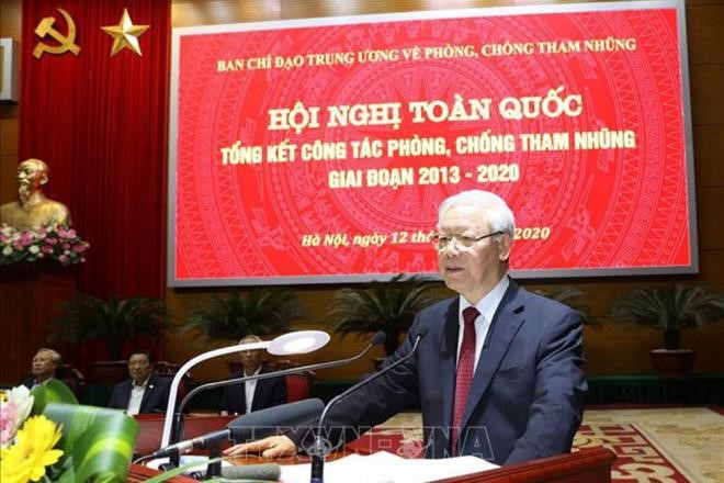 Tổng Bí thư, Chủ tịch nước Nguyễn Phú Trọng, Trưởng Ban Chỉ đạo Trung ương về phòng, chống tham nhũng phát biểu kết luận Hội nghị. (Ảnh: TTXVN)
