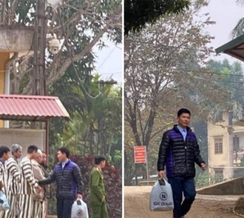 Hình ảnh cựu bác sĩ Hoàng Công Lương chia tay các phạm nhân khác, trở về với gia đình trong ngày mãn hạn tù.